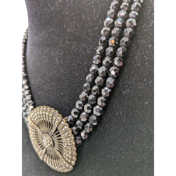 HEIDI DAUS "Belgian Disc" Crystal 3-Row Beaded Necklace Black 20" Adjustable - Picture 3 of 8